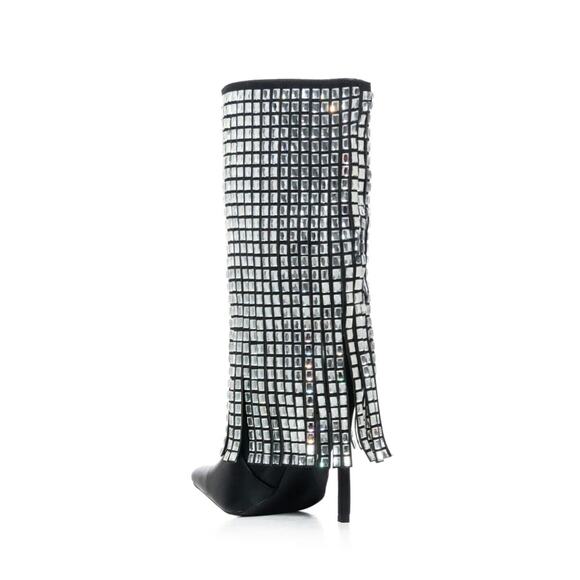 AZALEA WANG Spinner Embellished Rhinestone Mid Calf Boot Black NWB Size 8 - Picture 3 of 5